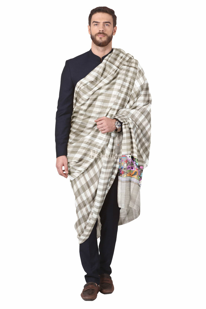 Pashtush India Mens Shawls Gents Shawl Pashtush Mens Pure Pashmina Shawl, Handwoven Kaani, Checkered with Multicoloured Palla, Beige