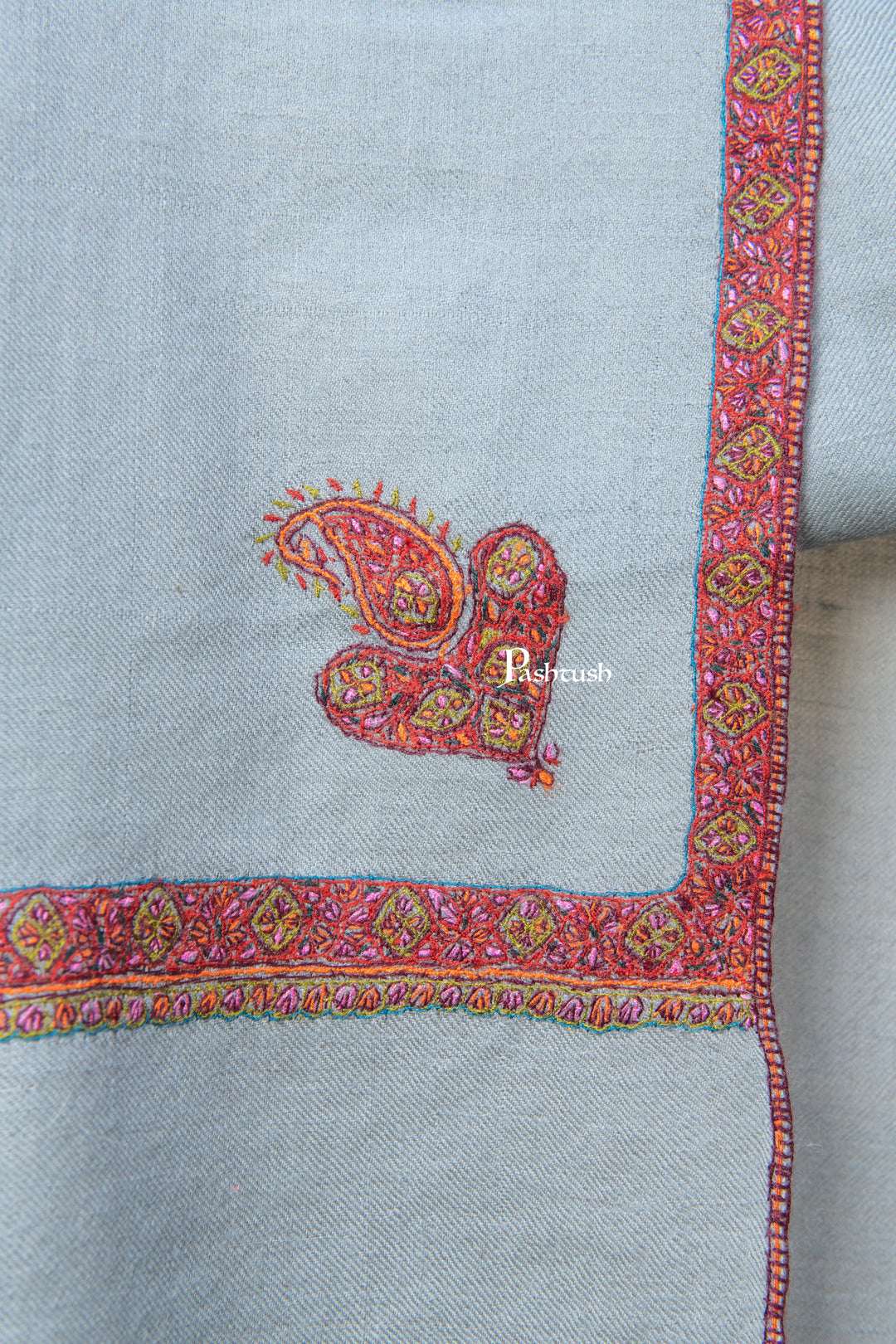 Pashtush India Mens Shawls Gents Shawl Pashtush Mens Pure Pashmina Shawl, Sozni Hand Embroidery, Hand Woven, Tonal Design, Grey
