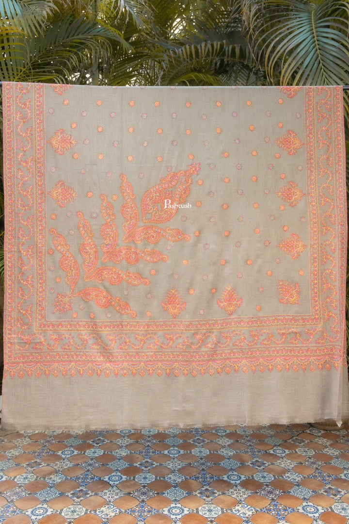 Pashtush India Mens Shawls Gents Shawl Pashtush Mens Pure Pashmina Shawl, Sozni Hand Embroidery, Hand Woven, Tonal Design, Taupe