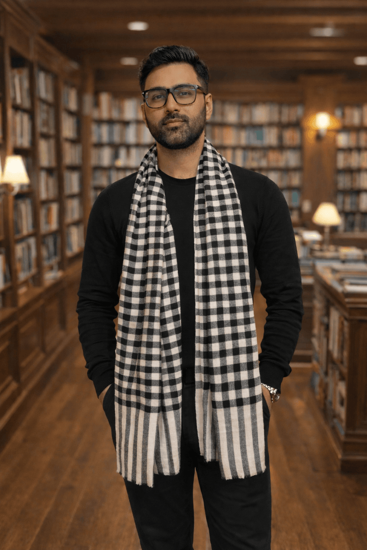 Pashtush India Mens Scarves Stoles and Mufflers Pashtush Mens Pure Pashmina Stole, Handwoven Checkered Design, Black and Beige