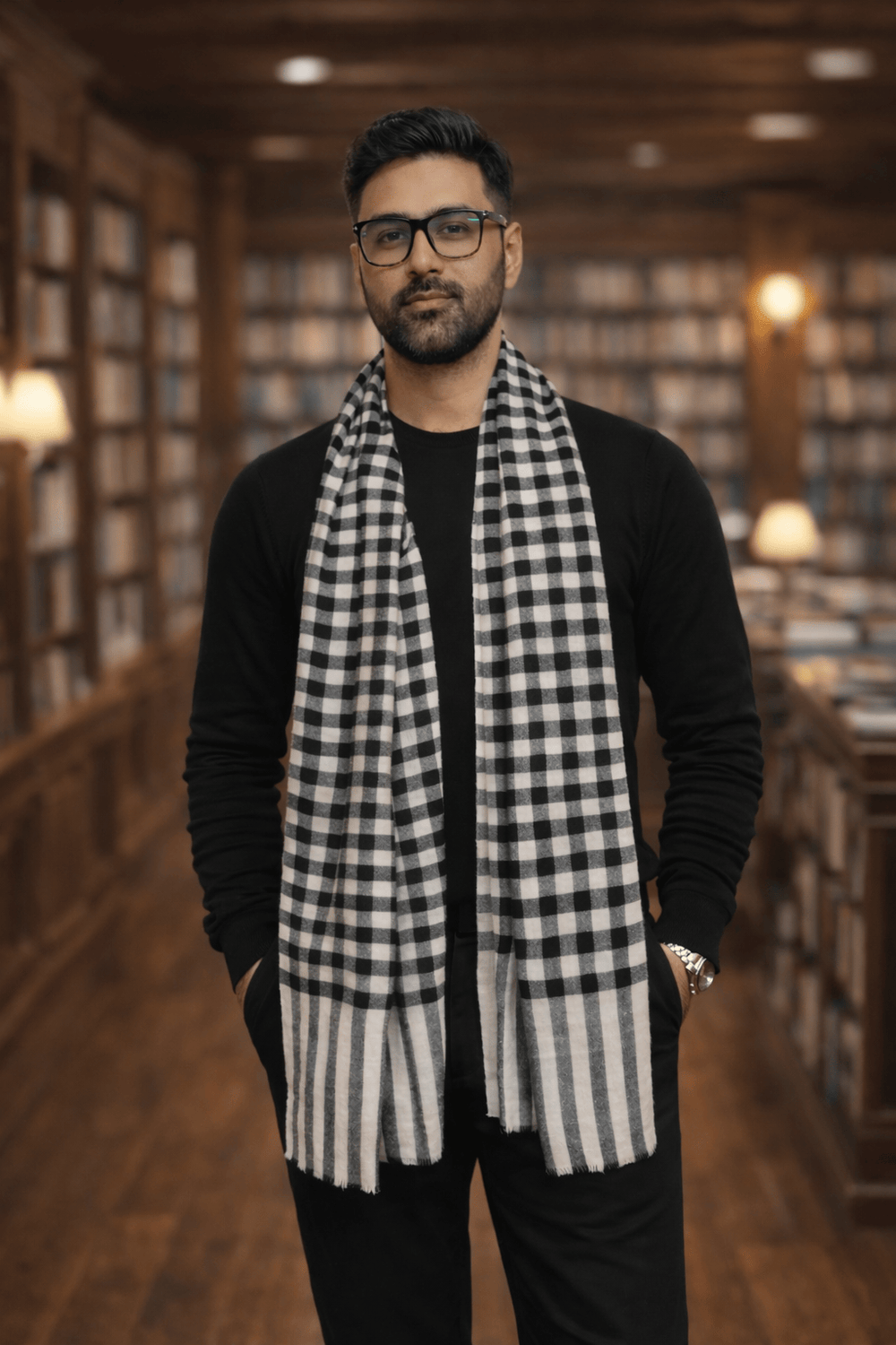 Pashtush India Mens Scarves Stoles and Mufflers Pashtush Mens Pure Pashmina Stole, Handwoven Checkered Design, Black and Beige