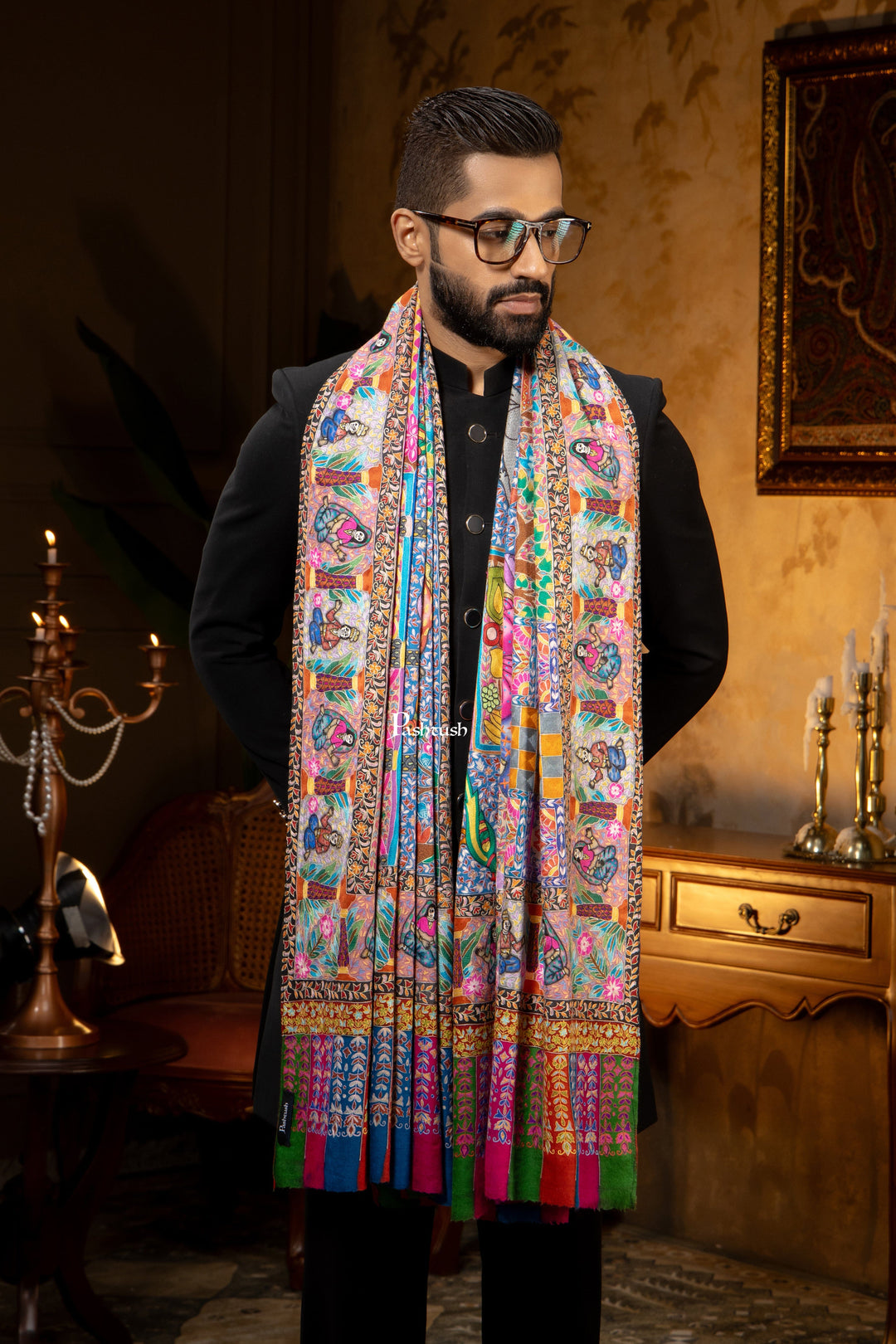 Pashtush India Mens Scarves Stoles and Mufflers Pashtush Mens Pure Pashmina Stole, Kalamkari Design, Multicolour