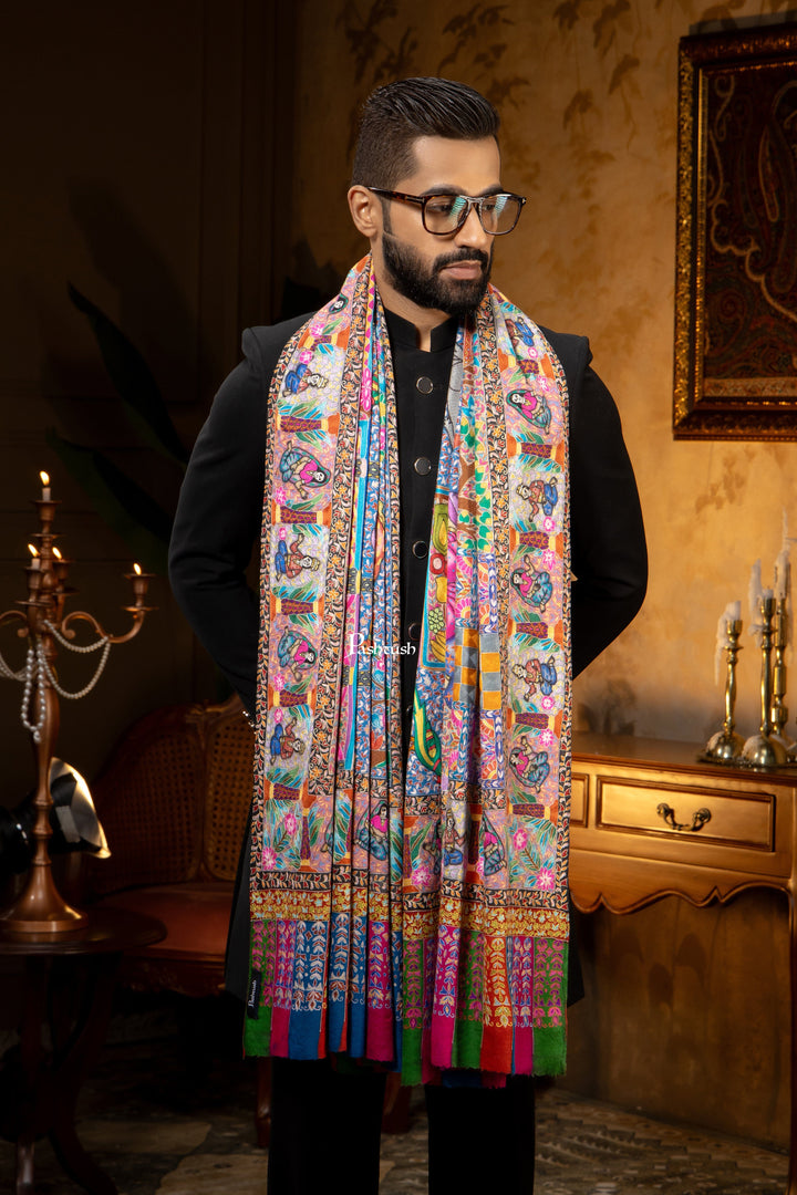 Pashtush India Mens Scarves Stoles and Mufflers Pashtush Mens Pure Pashmina Stole, Kalamkari Design, Multicolour