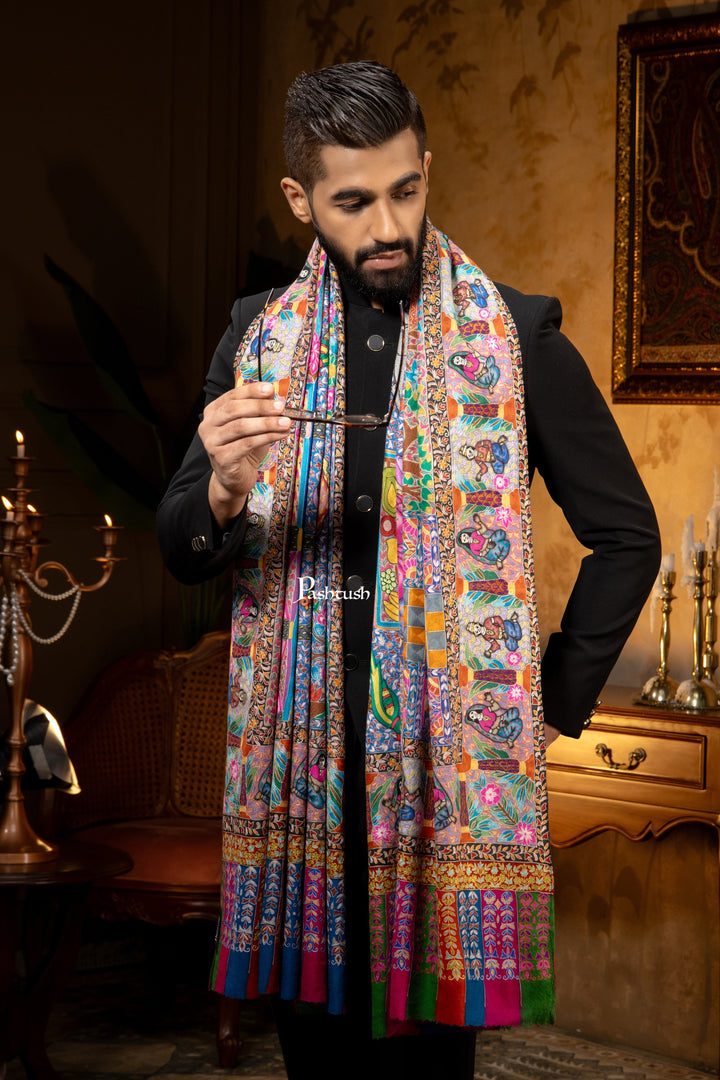 Pashtush India Mens Scarves Stoles and Mufflers Pashtush Mens Pure Pashmina Stole, Kalamkari Design, Multicolour