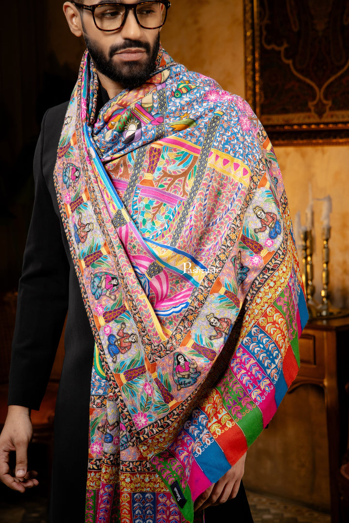 Pashtush India Mens Scarves Stoles and Mufflers Pashtush Mens Pure Pashmina Stole, Kalamkari Design, Multicolour