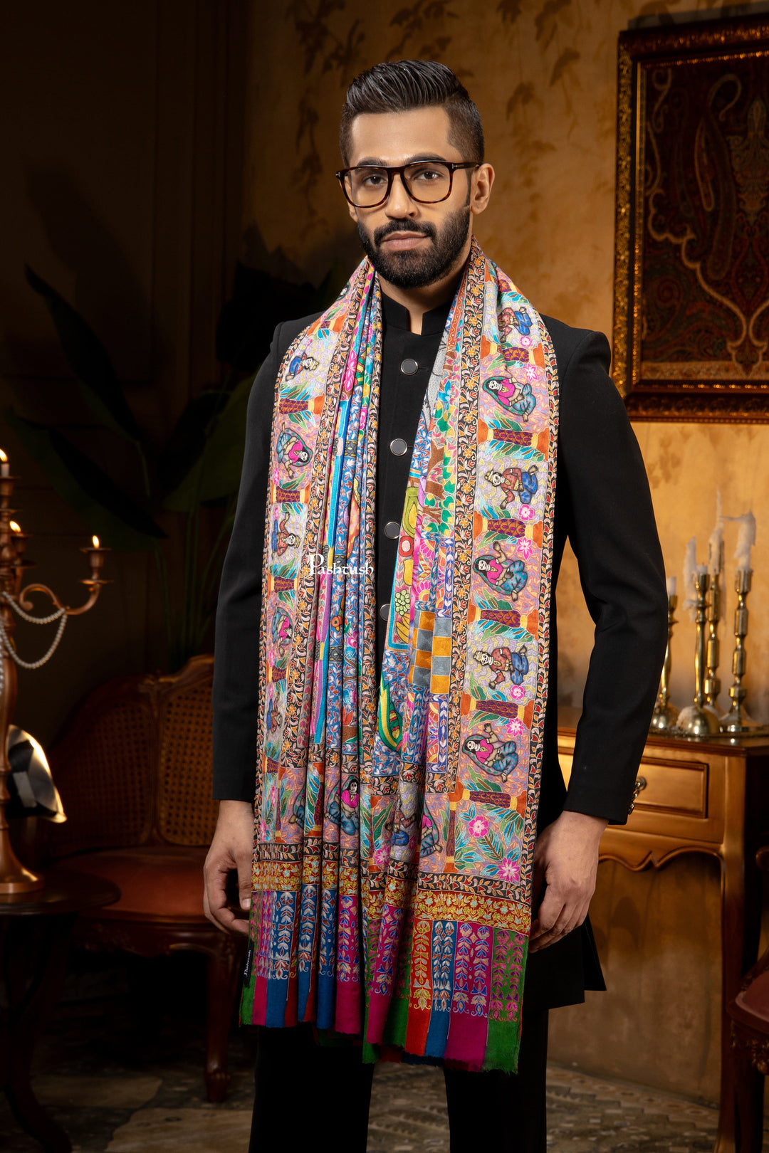 Pashtush India Mens Scarves Stoles and Mufflers Pashtush Mens Pure Pashmina Stole, Kalamkari Design, Multicolour