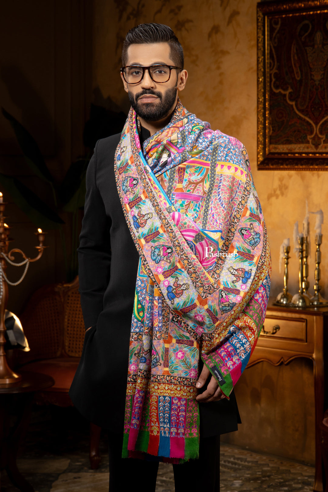Pashtush India Mens Scarves Stoles and Mufflers Pashtush Mens Pure Pashmina Stole, Kalamkari Design, Multicolour