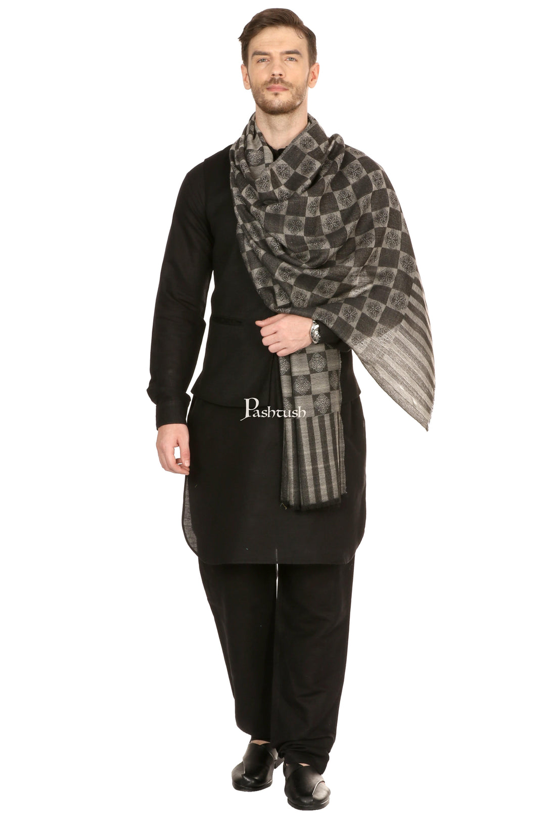 Pashtush India Mens Scarves Stoles and Mufflers Pashtush Mens Reversible Stole, Checkered Design - Black
