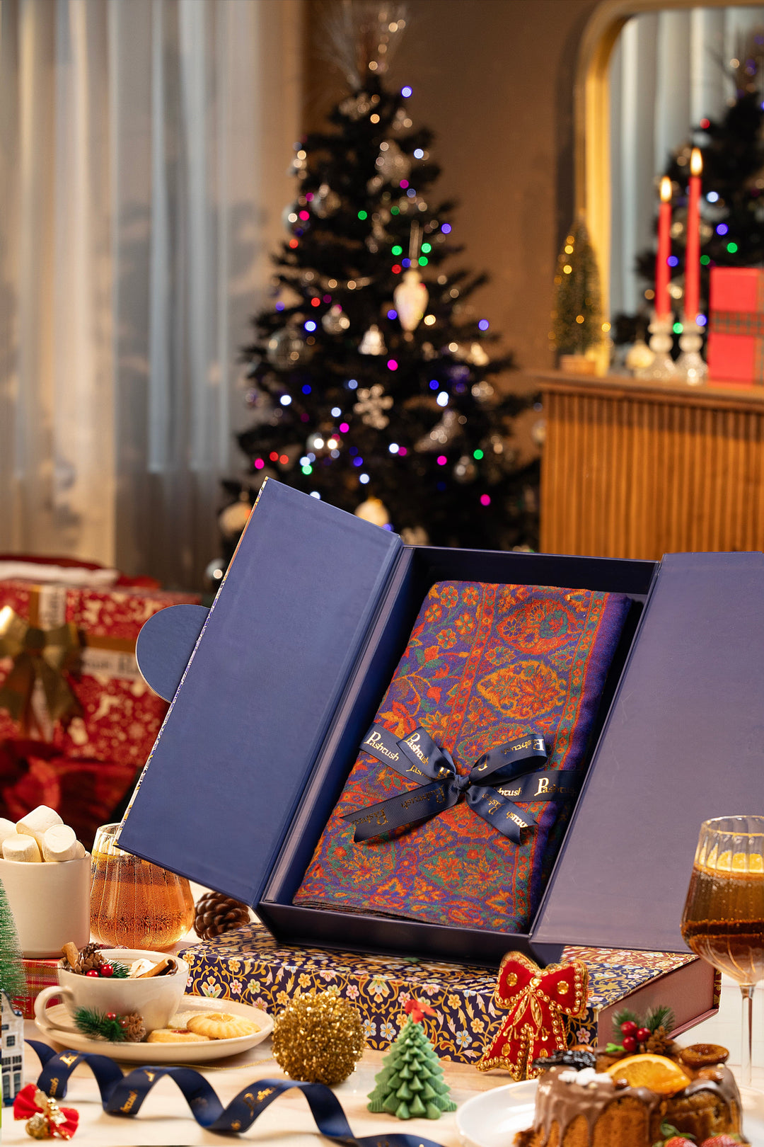 Pashtush India Gift Pack Pashtush Mens Reversible Twin Color 100% Pure Wool Soft Ethnic Weave Stole, Woolmark Certified Amber