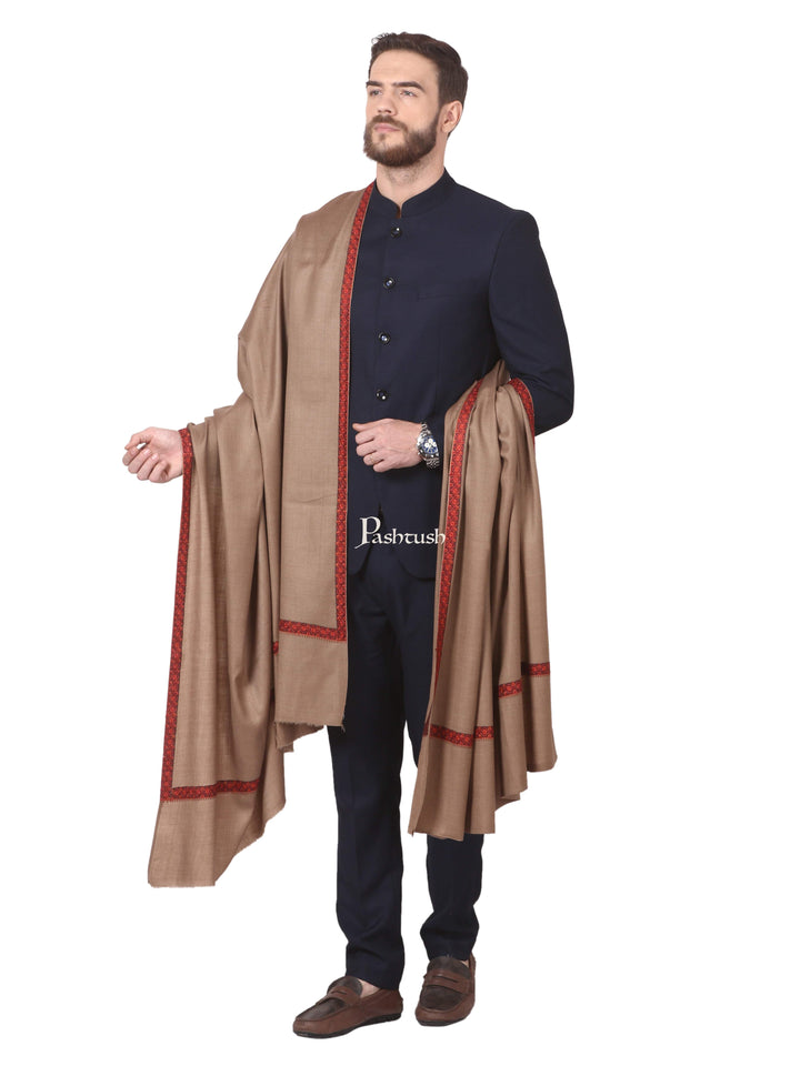 Pashtush India Mens Shawls Gents Shawl Pashtush Mens Shawl, Embroidery Haashia Dushala, Taupe