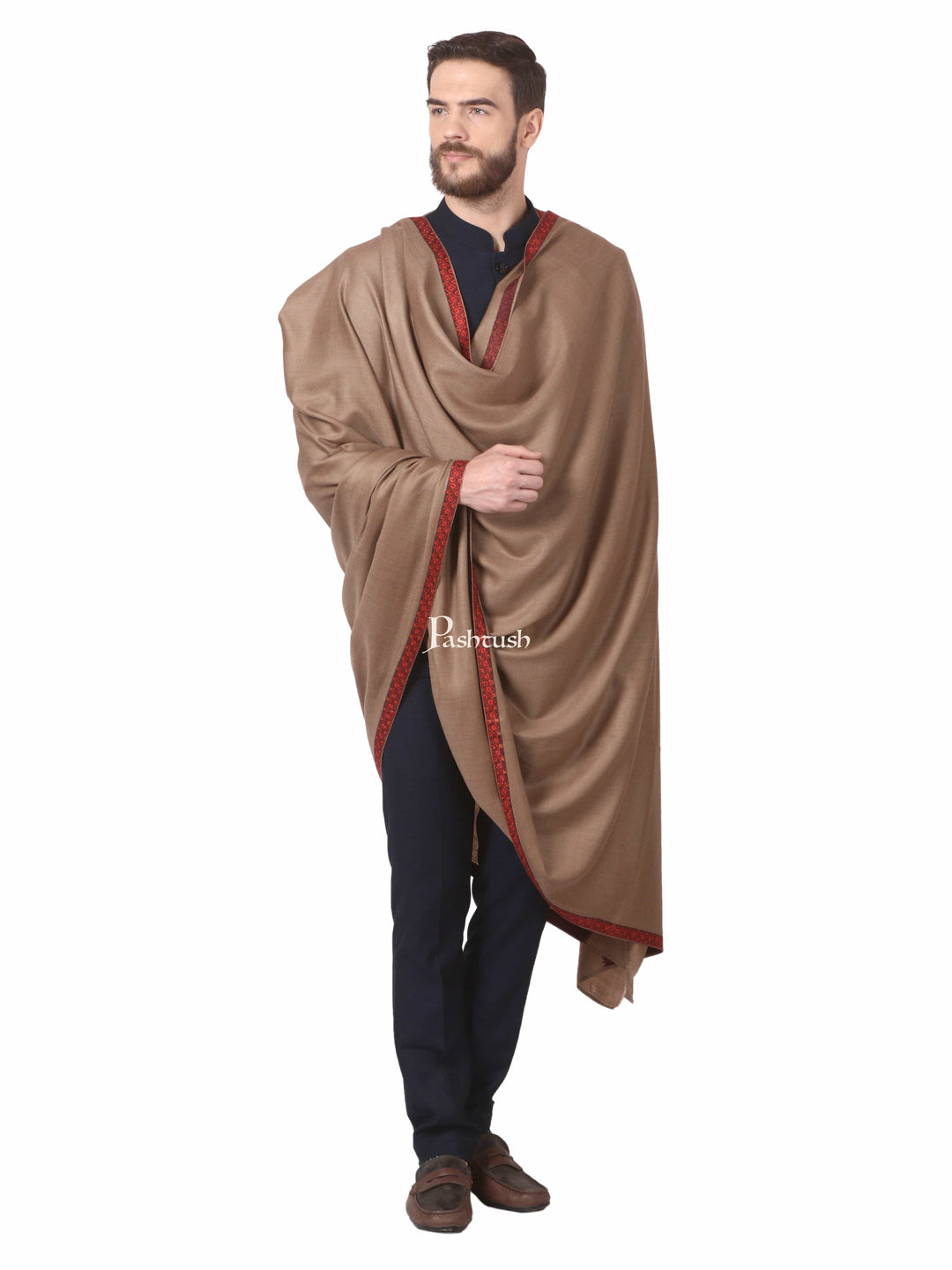 Pashtush India Mens Shawls Gents Shawl Pashtush Mens Shawl, Embroidery Haashia Dushala, Taupe