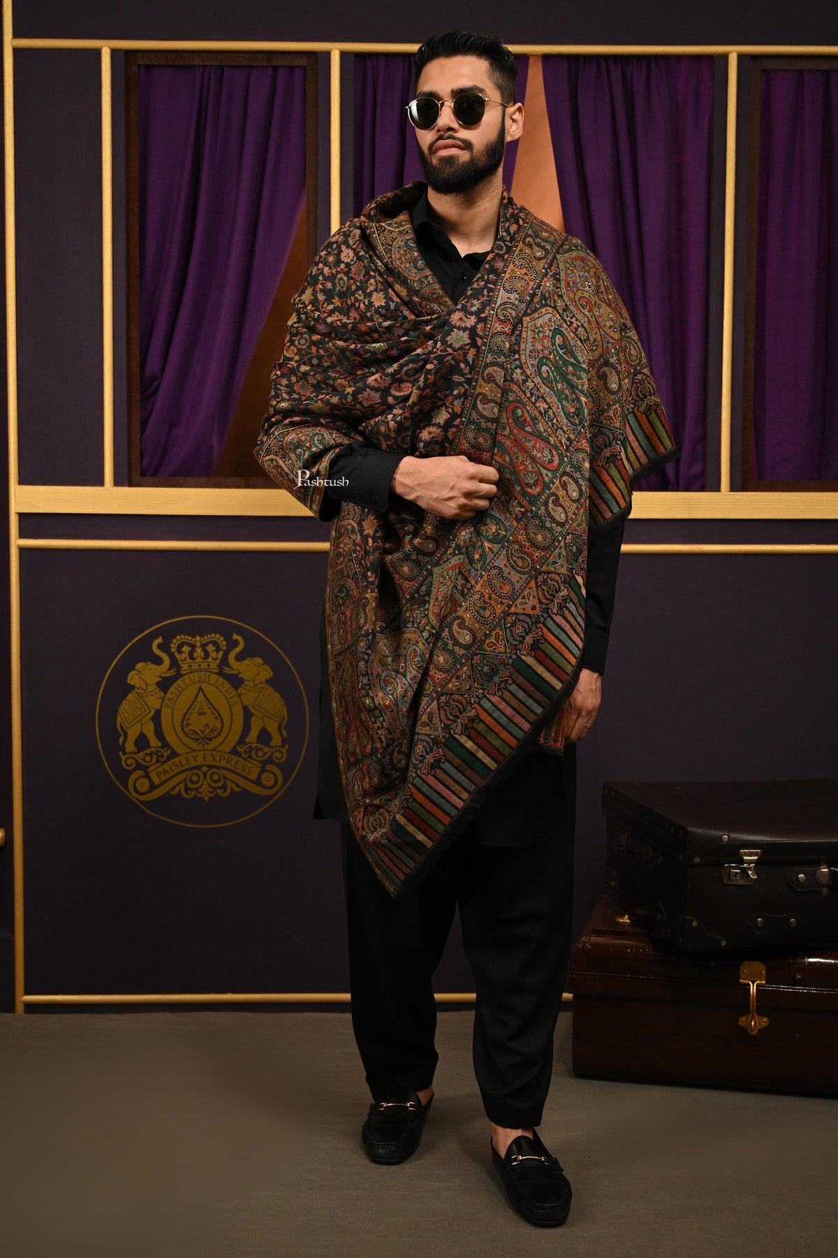 Pashtush Mens Shawl, Fine Wool, Full Size, Ethnic Jamawar Woven