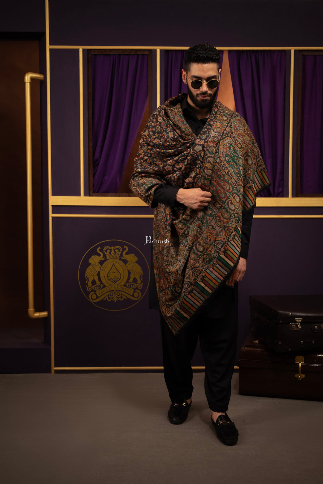 Pashtush Mens Shawl, Fine Wool, Full Size, Ethnic Jamawar Woven