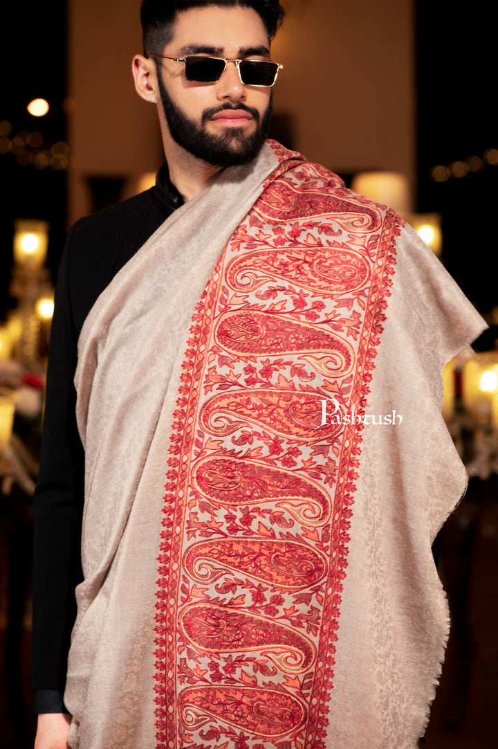 Pashtush India Mens Shawls Gents Shawl Pashtush Mens Shawl, Hand Embroidered Ethnic Weave Palla , Soft Fine Wool, Full Size, Beige