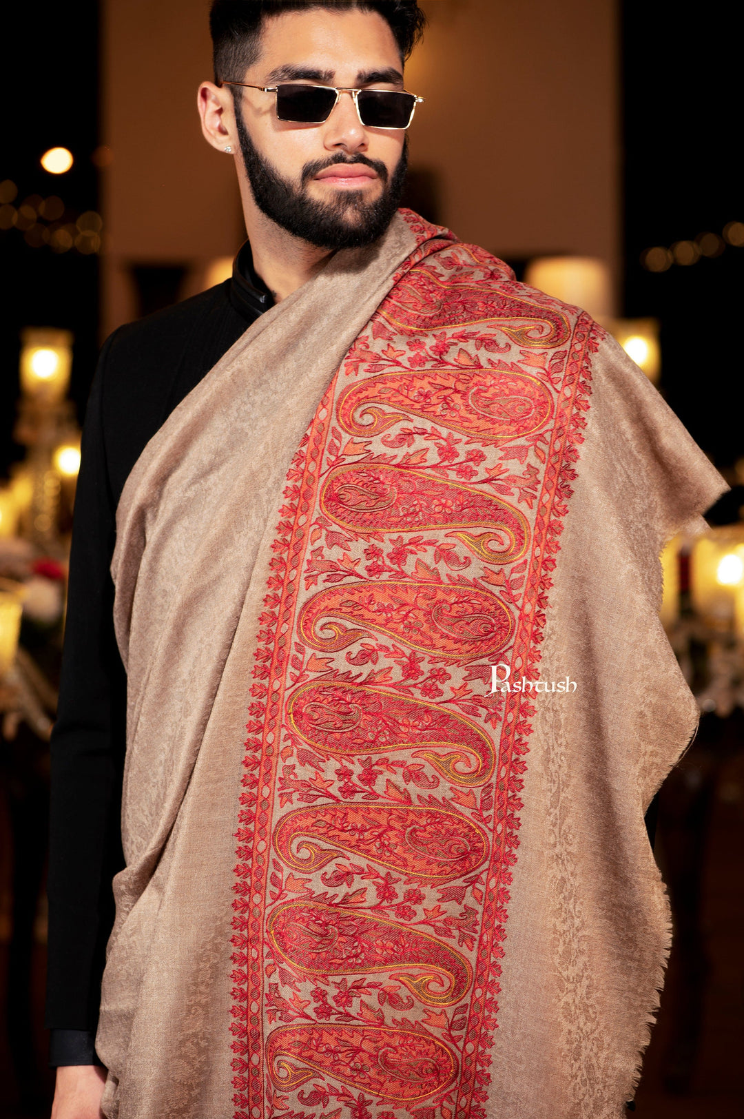 Pashtush India Mens Shawls Gents Shawl Pashtush Mens Shawl, Hand Embroidered Ethnic Weave Palla , Soft Fine Wool, Full Size, Taupe
