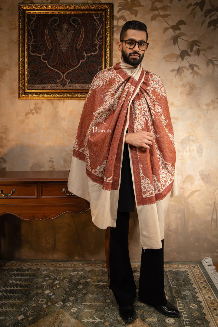 Pashtush India Mens Shawls Gents Shawl Pashtush Mens Shawl, Kashmiri Embroidery, Soft and Warm, Palla Design, Intricate stitch, Taupe
