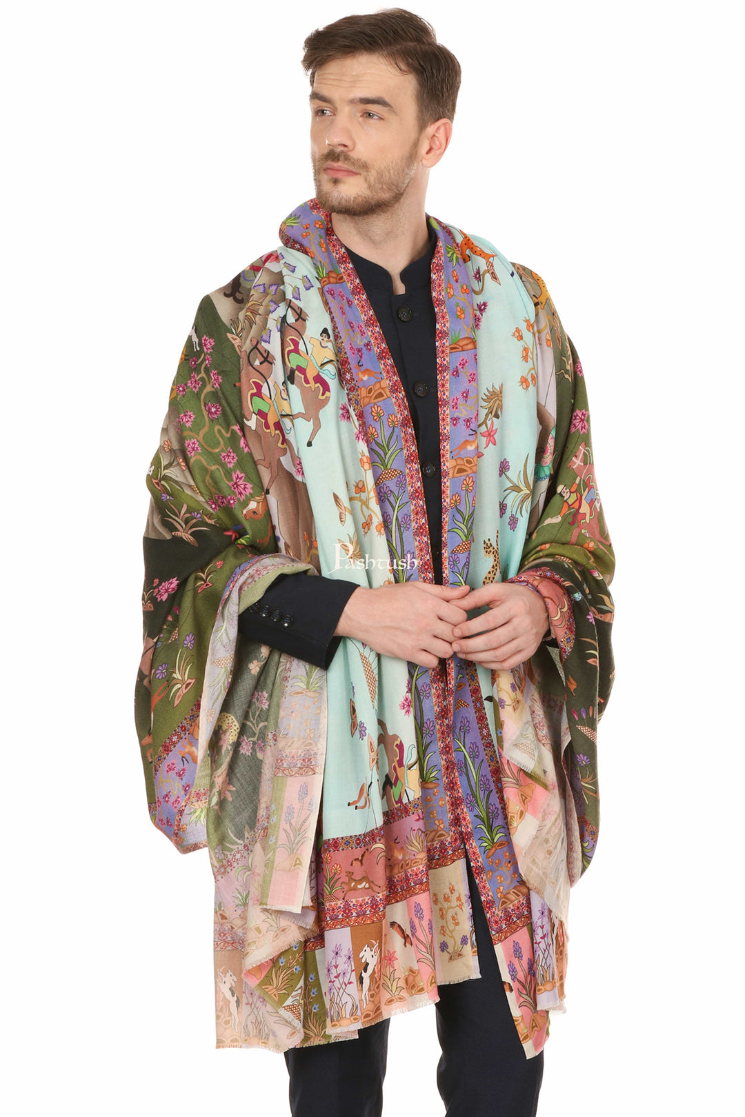 Pashtush India Mens Shawls Gents Shawl Pashtush Mens Shikaardar Shawl, 100% Pure Wool, Woolmark Certified, Full Size