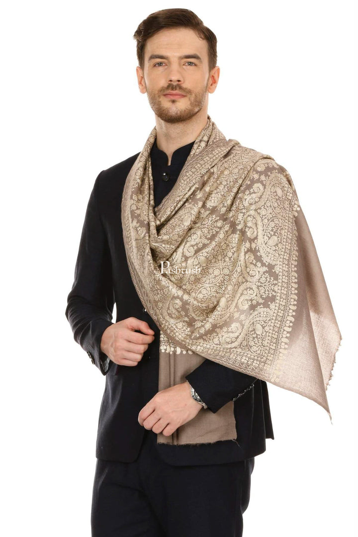 Pashtush India Mens Scarves Stoles and Mufflers Pashtush Mens Silk-Fine Wool Fine Wool, Nalki Embroidery Needlework Stole - Beige