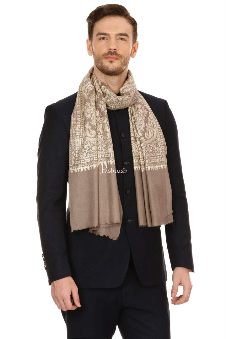 Pashtush India Mens Scarves Stoles and Mufflers Pashtush Mens Silk-Fine Wool Fine Wool, Nalki Embroidery Needlework Stole - Beige