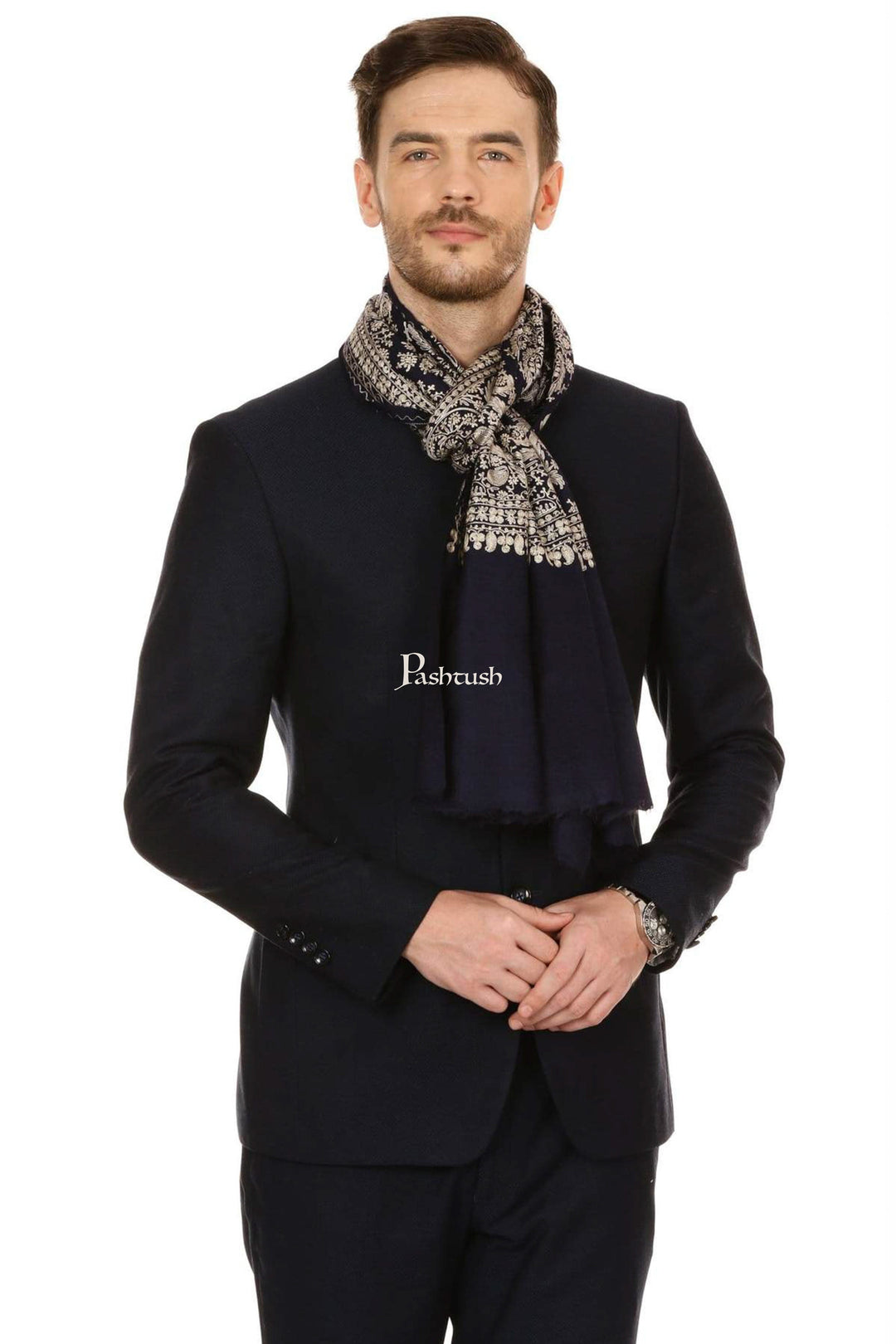 Pashtush India Mens Scarves Stoles and Mufflers Pashtush Mens Silk-Fine Wool Fine Wool, Nalki Embroidery Needlework Stole - Black