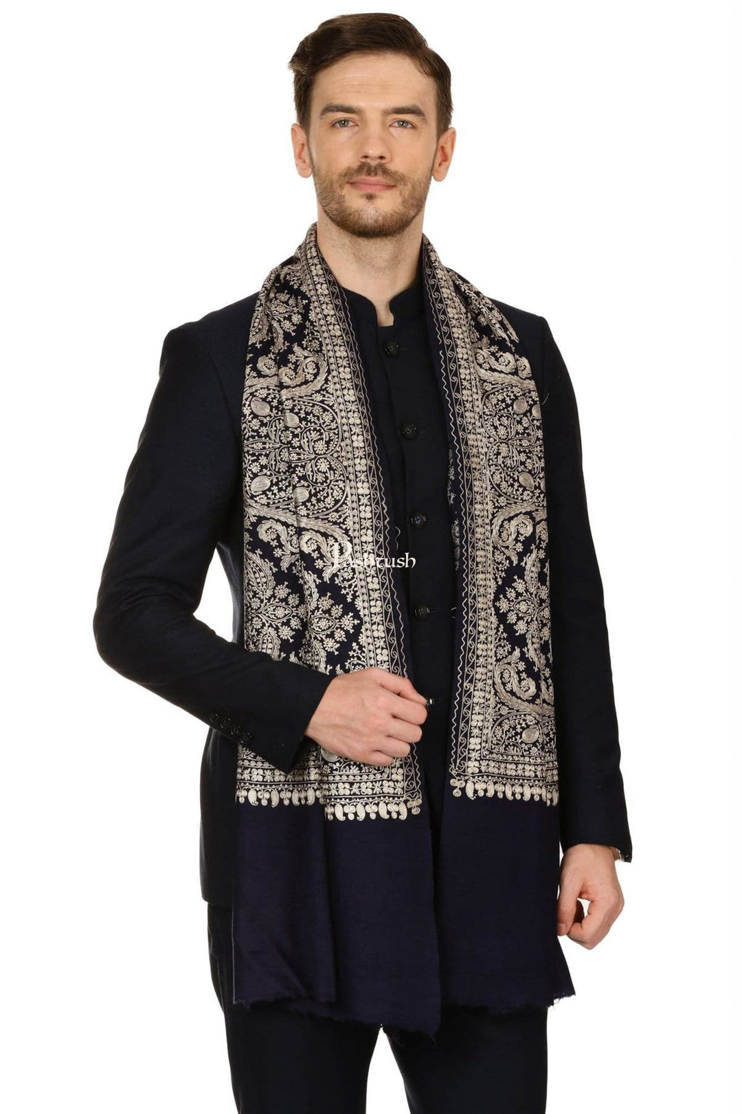 Pashtush India Mens Scarves Stoles and Mufflers Pashtush Mens Silk-Fine Wool Fine Wool, Nalki Embroidery Needlework Stole - Black