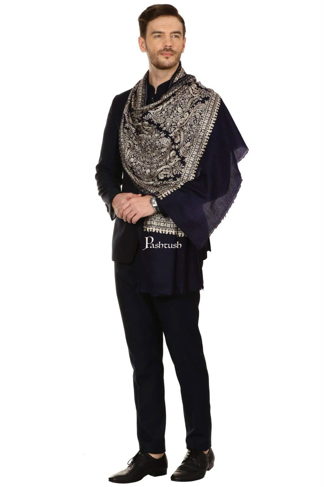 Pashtush India Mens Scarves Stoles and Mufflers Pashtush Mens Silk-Fine Wool Fine Wool, Nalki Embroidery Needlework Stole - Black