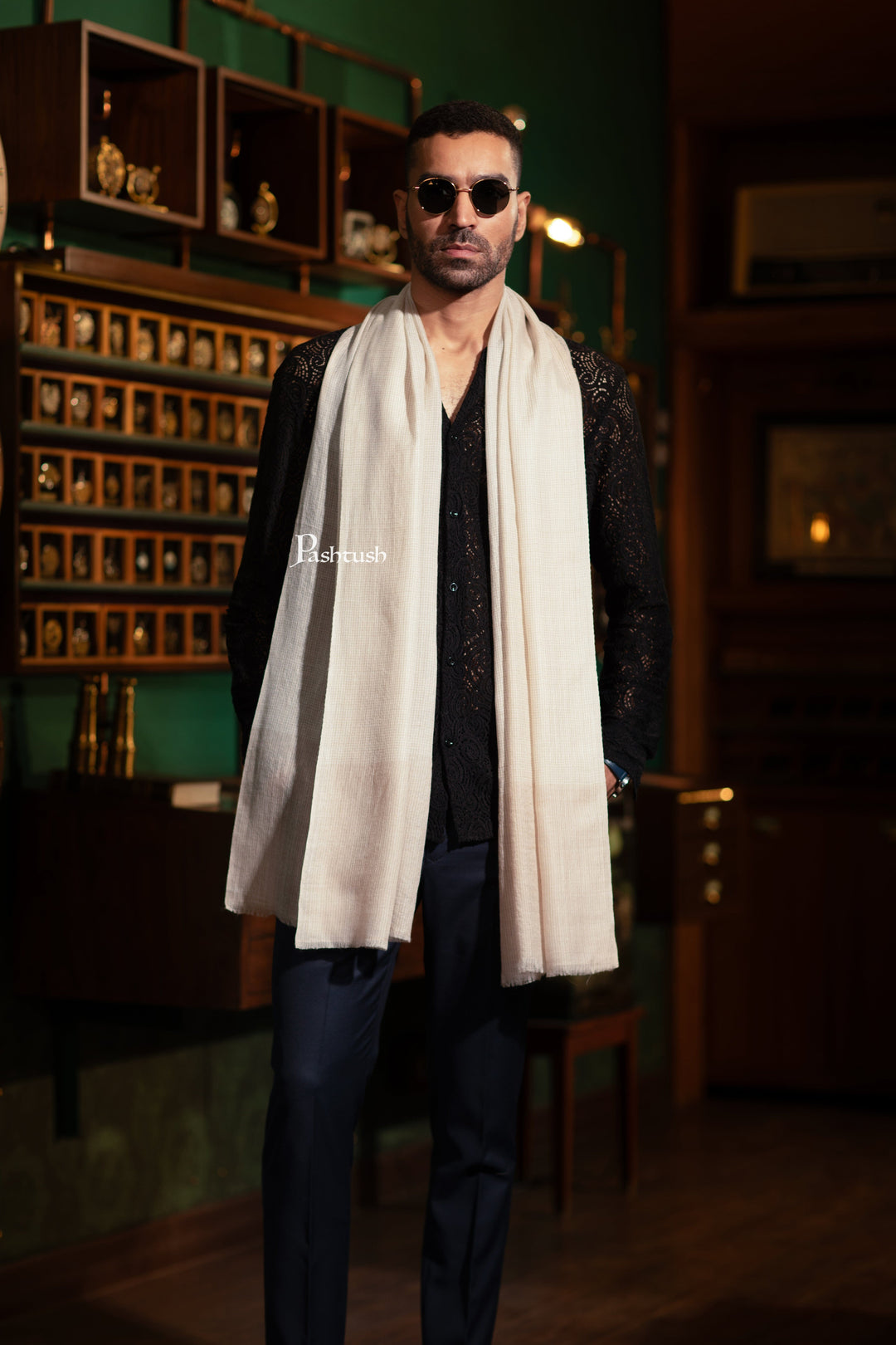 Pashtush India Mens Scarves Stoles and Mufflers Pashtush Mens  Stole, Checkered  Design, Cream