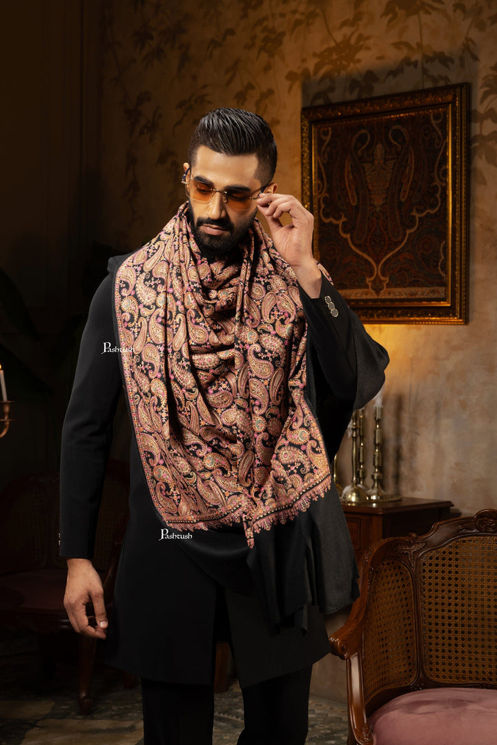 Pashtush India Mens Scarves Stoles and Mufflers Pashtush Mens Stole, Festive Collection, Fine Wool Kashmiri Embroidery, Rich Black