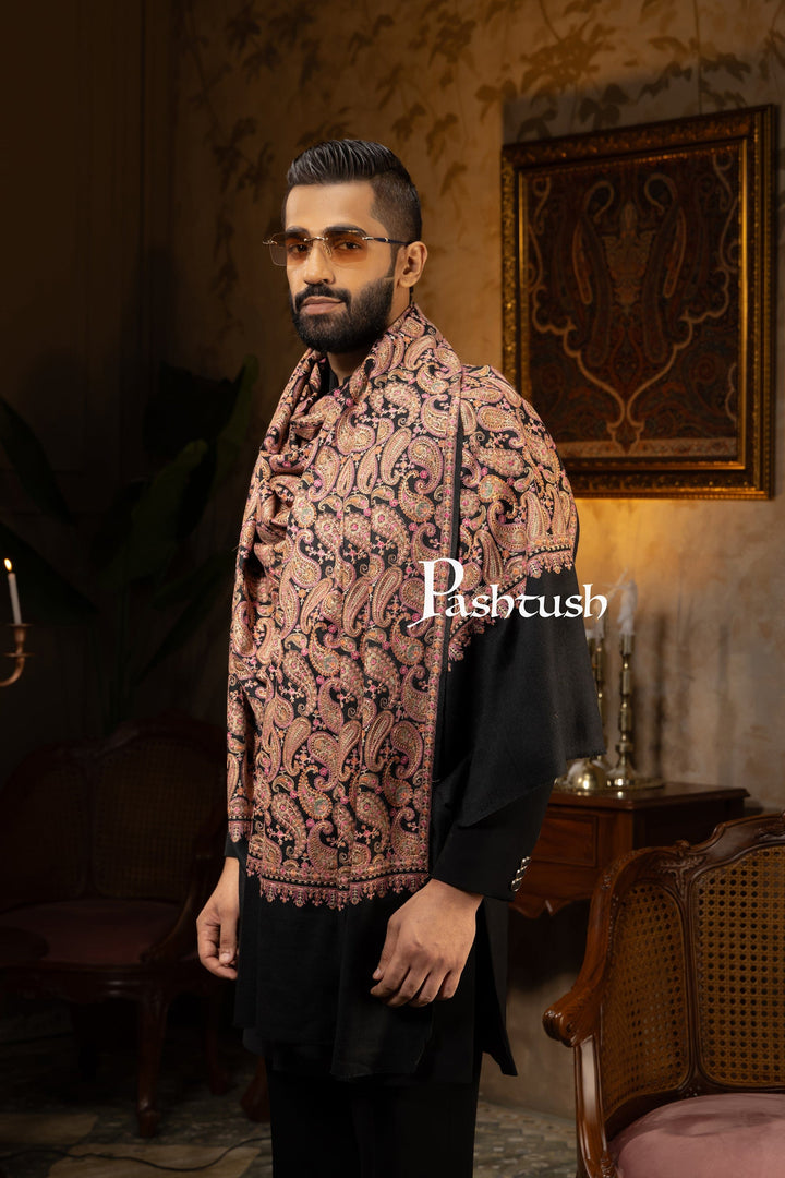 Pashtush India Mens Scarves Stoles and Mufflers Pashtush Mens Stole, Festive Collection, Fine Wool Kashmiri Embroidery, Rich Black