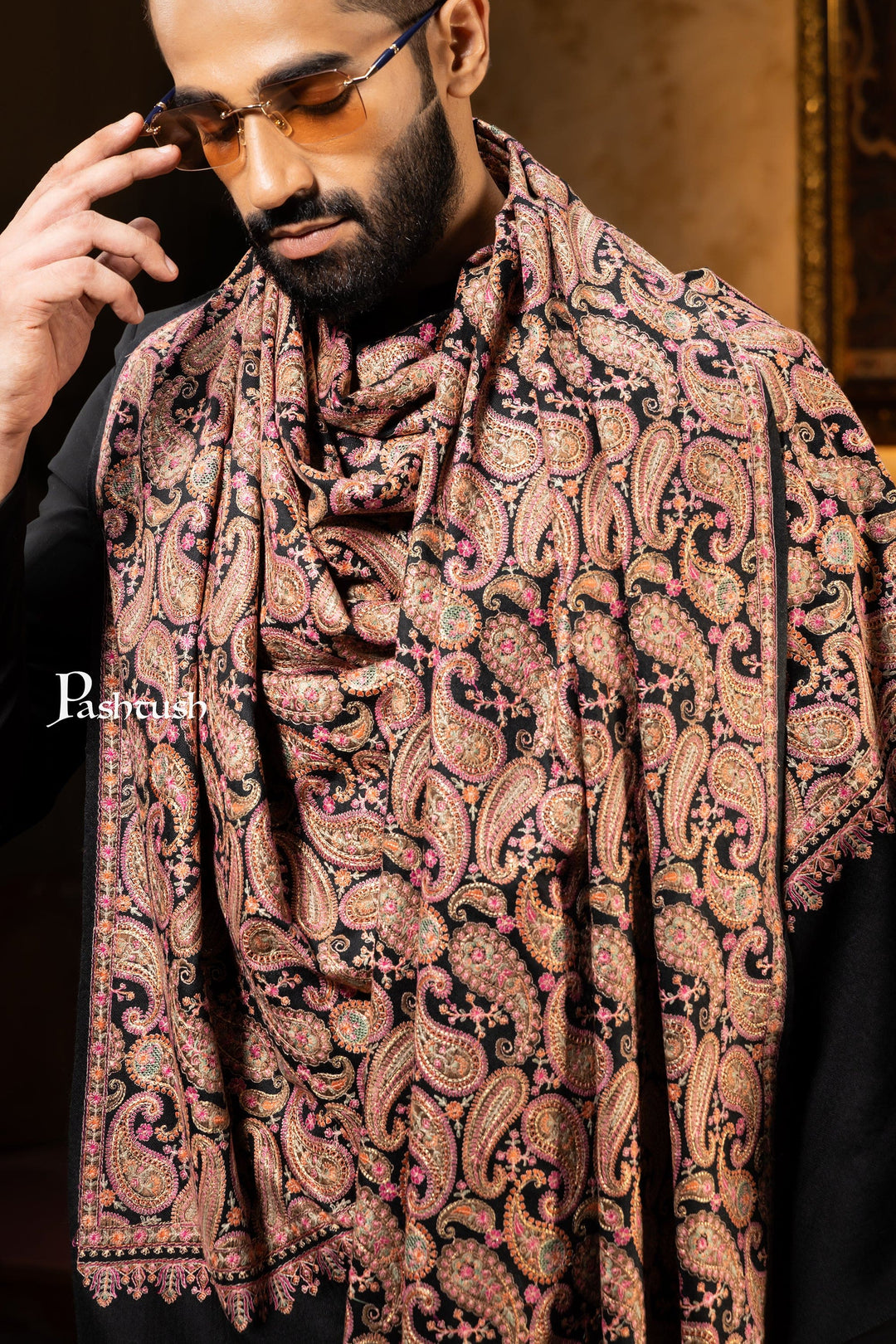 Pashtush India Mens Scarves Stoles and Mufflers Pashtush Mens Stole, Festive Collection, Fine Wool Kashmiri Embroidery, Rich Black