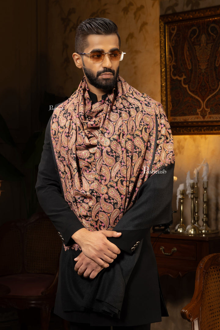 Pashtush India Mens Scarves Stoles and Mufflers Pashtush Mens Stole, Festive Collection, Fine Wool Kashmiri Embroidery, Rich Black