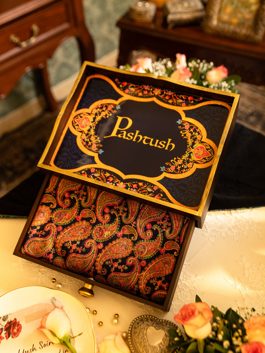 Pashtush India Gift Pack Pashtush Mens Stole, Festive Collection, Fine Wool Kashmiri Embroidery, Rich Black