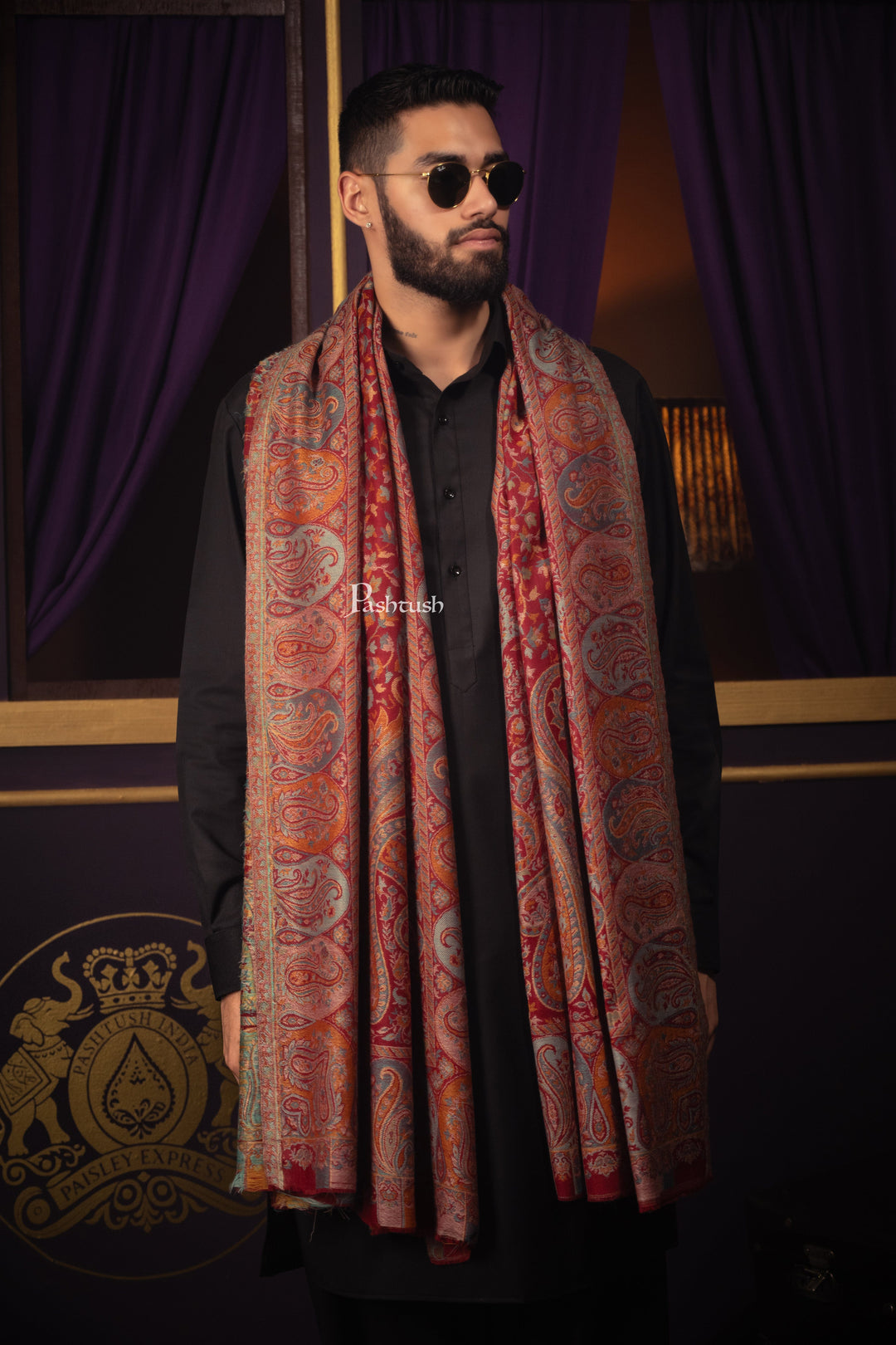 Pashtush India Mens Scarves Stoles and Mufflers Pashtush Mens Stole, Fine Wool, Ethnic Weave, Pailseys, Maroon