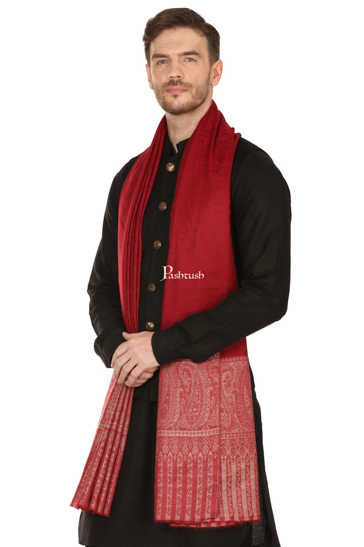 Pashtush India Mens Scarves Stoles and Mufflers Pashtush Mens Stole, Fine Wool Jacquard Weave, Soft And Light Weight Maroon
