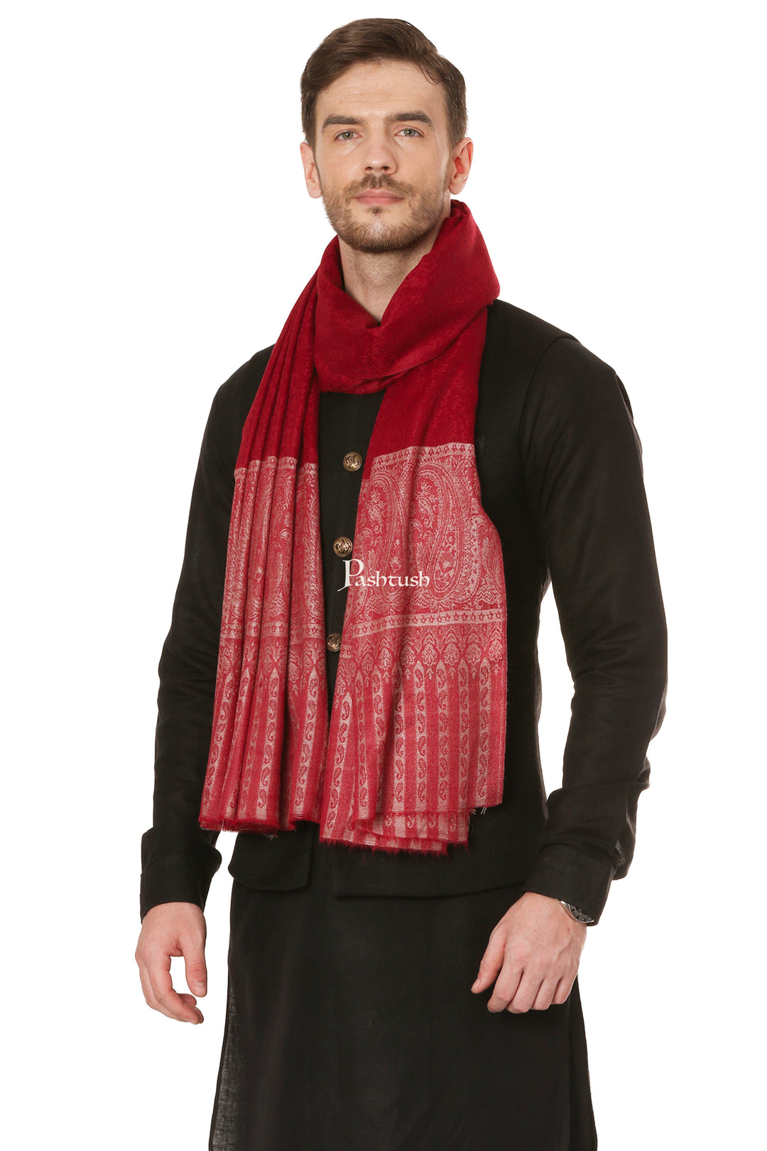 Pashtush India Mens Scarves Stoles and Mufflers Pashtush Mens Stole, Fine Wool Jacquard Weave, Soft And Light Weight Maroon