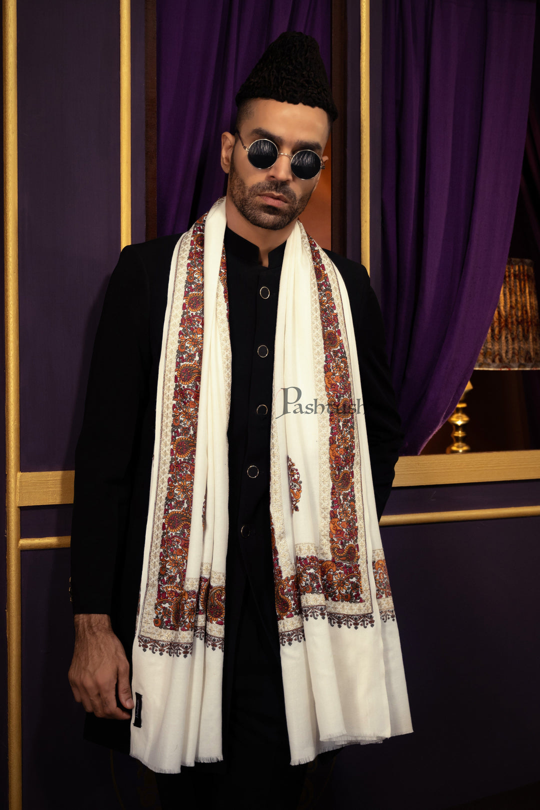 Pashtush India Mens Scarves Stoles and Mufflers Pashtush Mens Stole, Fine Wool with Tilla Border Embroidery Daur, Ivory