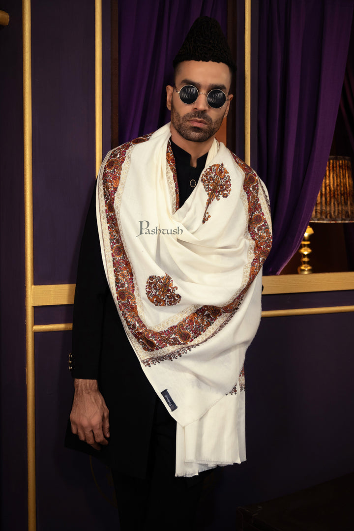 Pashtush India Mens Scarves Stoles and Mufflers Pashtush Mens Stole, Fine Wool with Tilla Border Embroidery Daur, Ivory