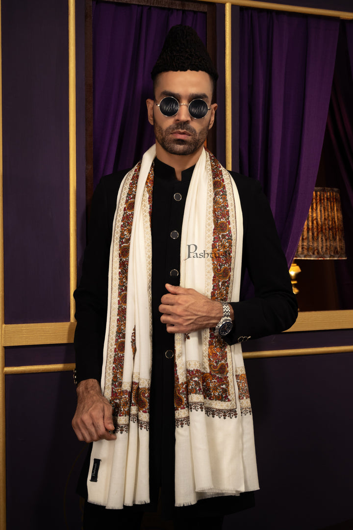 Pashtush India Mens Scarves Stoles and Mufflers Pashtush Mens Stole, Fine Wool with Tilla Border Embroidery Daur, Ivory