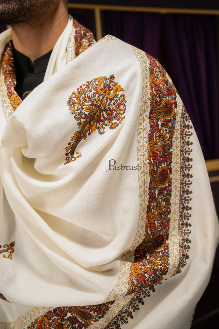 Pashtush India Mens Scarves Stoles and Mufflers Pashtush Mens Stole, Fine Wool with Tilla Border Embroidery Daur, Ivory