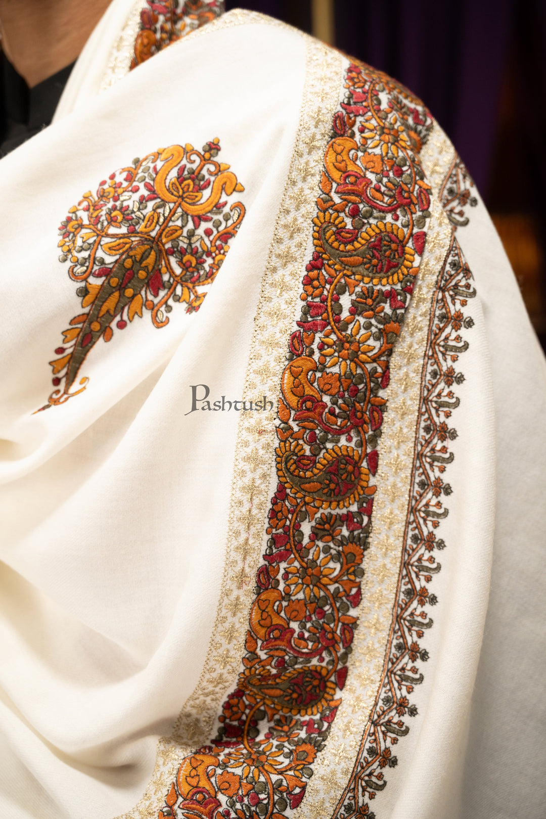 Pashtush India Mens Scarves Stoles and Mufflers Pashtush Mens Stole, Fine Wool with Tilla Border Embroidery Daur, Ivory