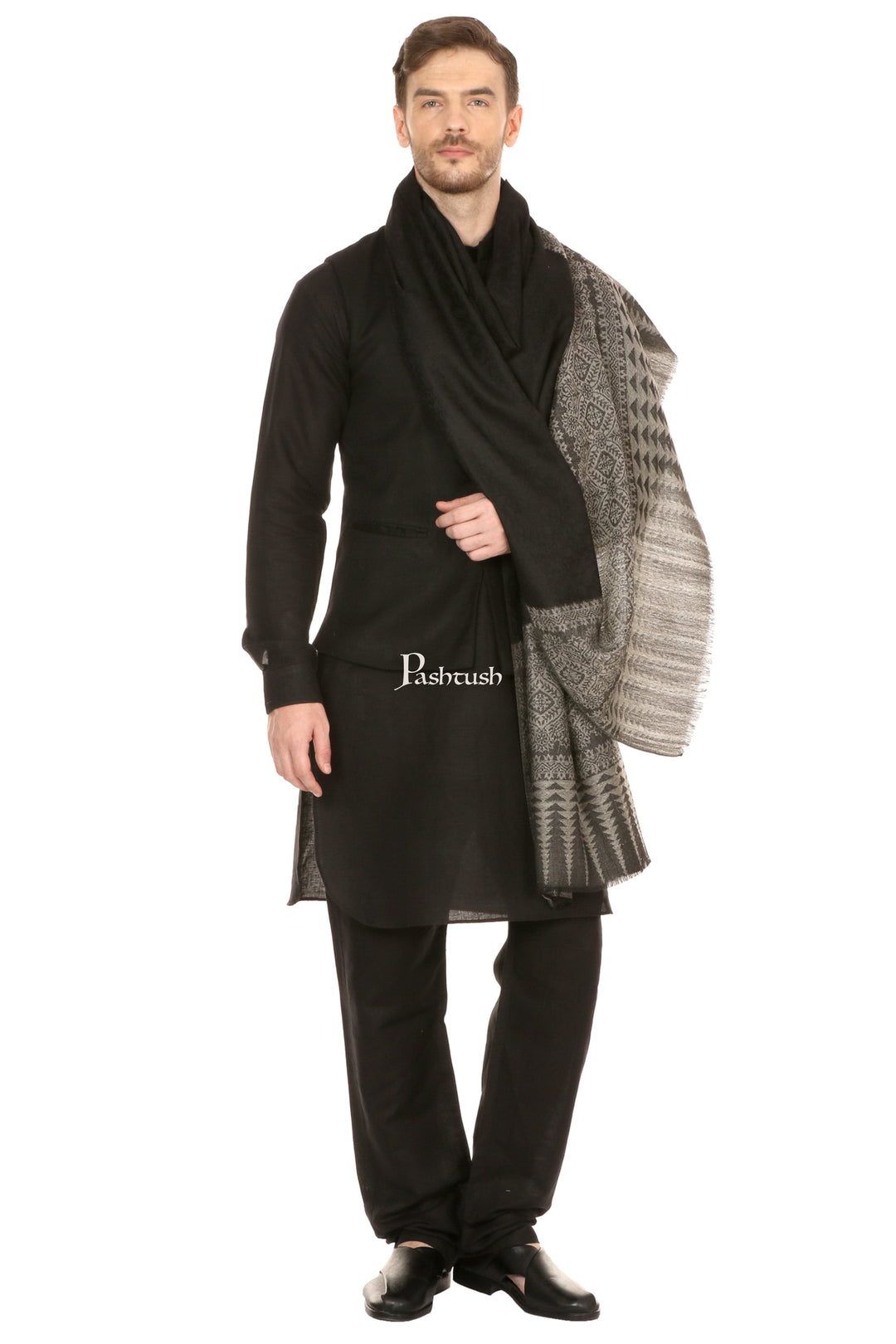 Pashtush India Mens Scarves Stoles and Mufflers Pashtush Mens Stole Scarf, Extra Soft Wool - Rich Black