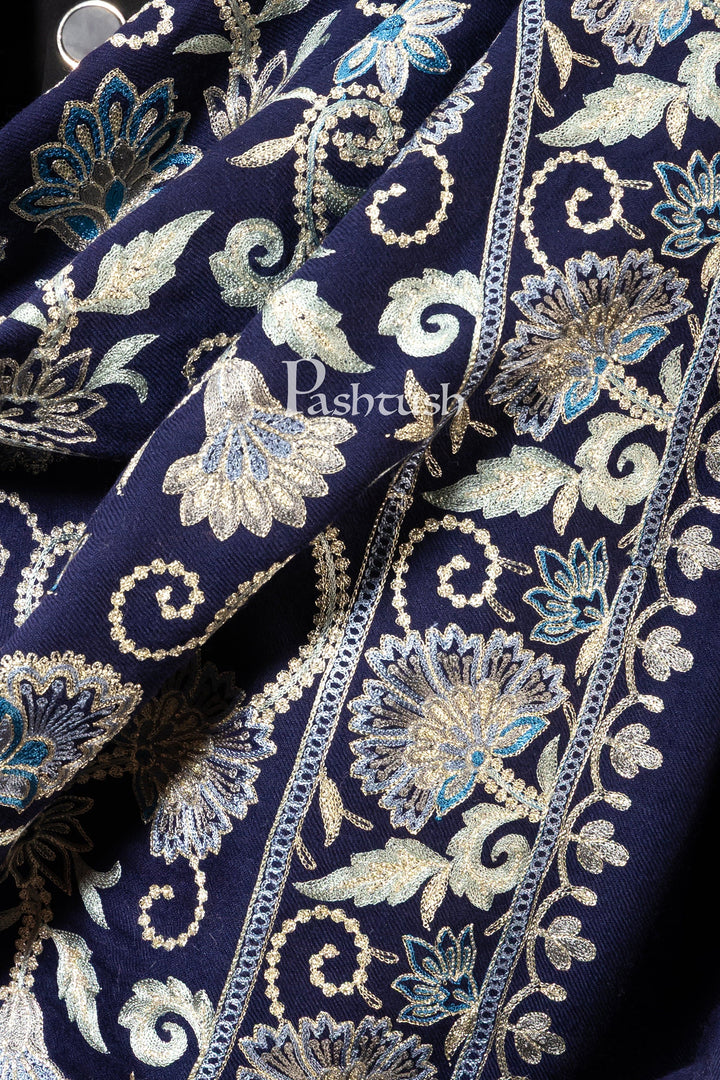 Pashtush India Mens Scarves Stoles and Mufflers Pashtush Mens Stole, Silk Wool Fine Embroidery, Navy Blue