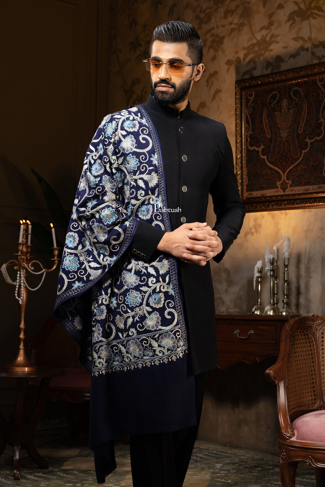 Pashtush India Mens Scarves Stoles and Mufflers Pashtush Mens Stole, Silk Wool Fine Embroidery, Navy Blue