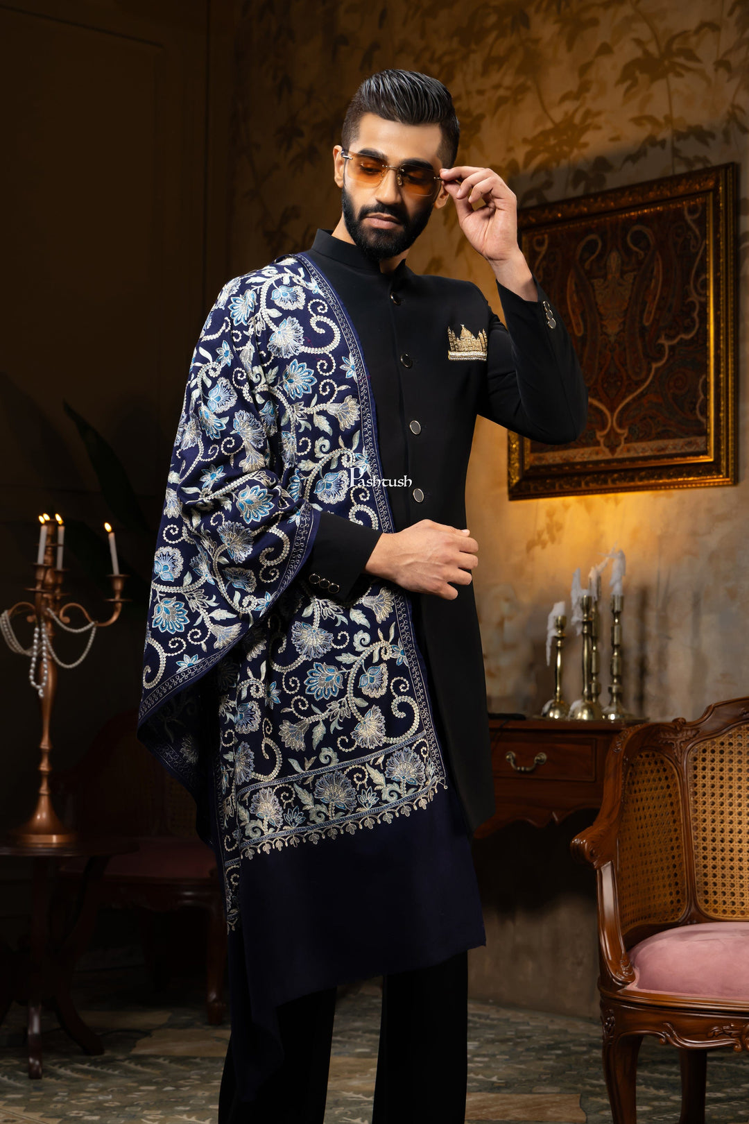 Pashtush India Mens Scarves Stoles and Mufflers Pashtush Mens Stole, Silk Wool Fine Embroidery, Navy Blue