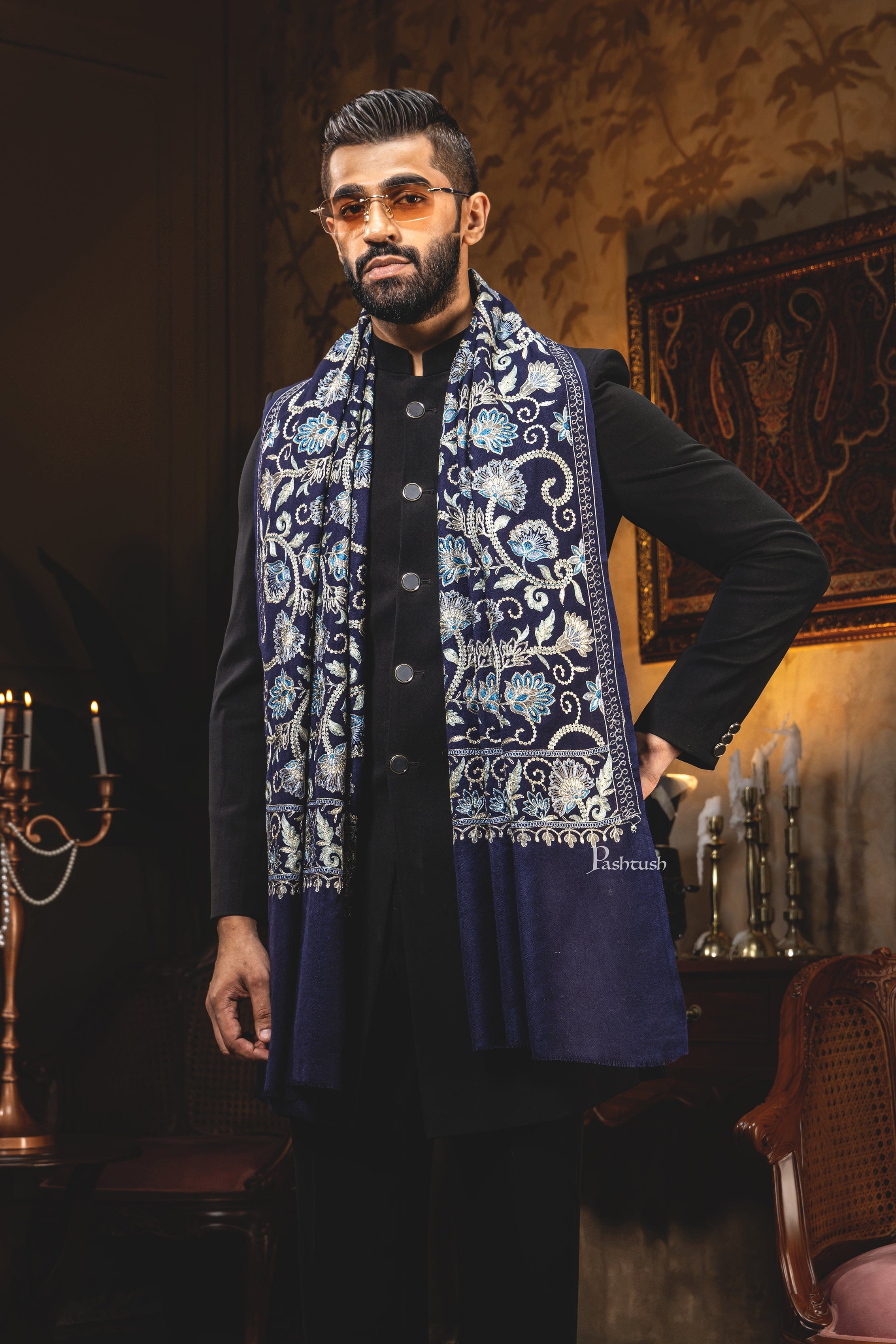 Pashtush Mens Stole, Silk Wool Fine Embroidery, Navy Blue