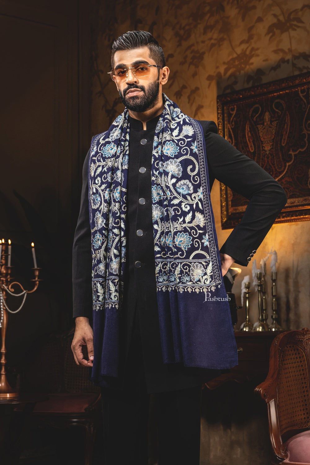 Pashtush India Mens Scarves Stoles and Mufflers Pashtush Mens Stole, Silk Wool Fine Embroidery, Navy Blue