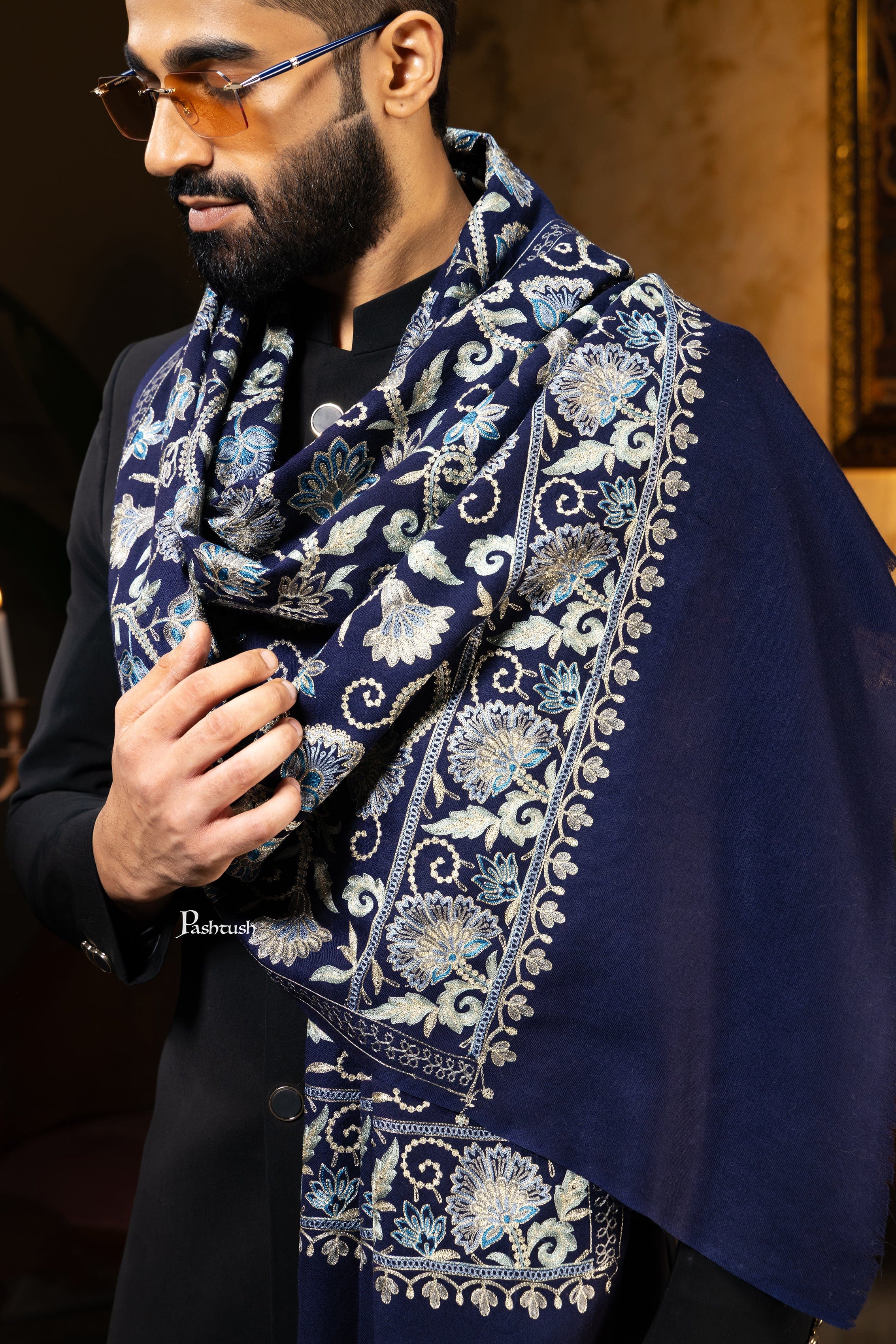 Pashtush Mens Stole, Silk Wool Fine Embroidery, Navy Blue