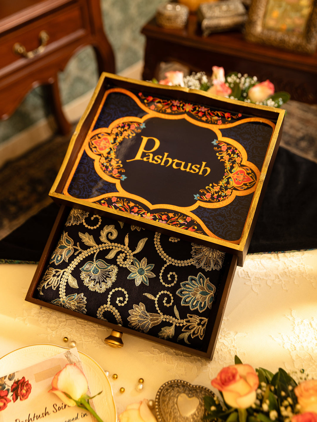 Pashtush India Gift Pack Pashtush Mens Stole, Silk Wool Fine Embroidery, Navy Blue