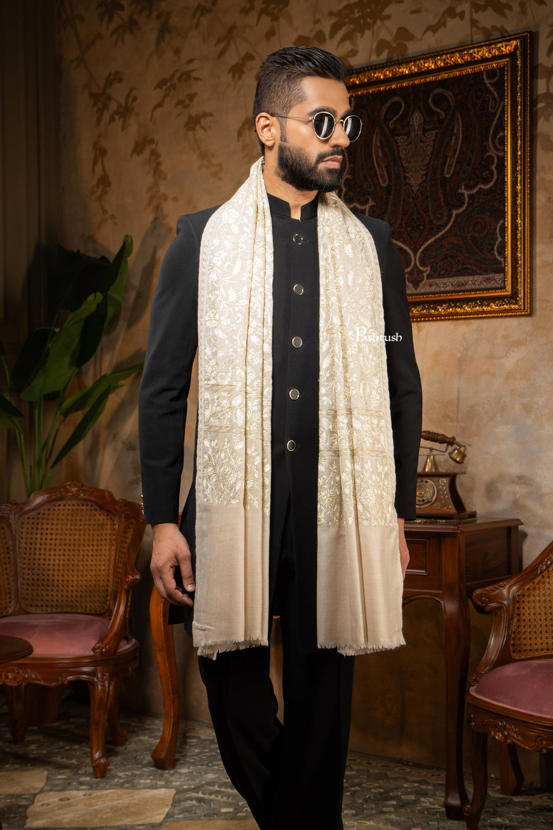 Pashtush India Mens Scarves Stoles and Mufflers Pashtush Mens Stole, Silk Wool with Intricate Kashmiri Embroidery, Tone on Tone, Ivory