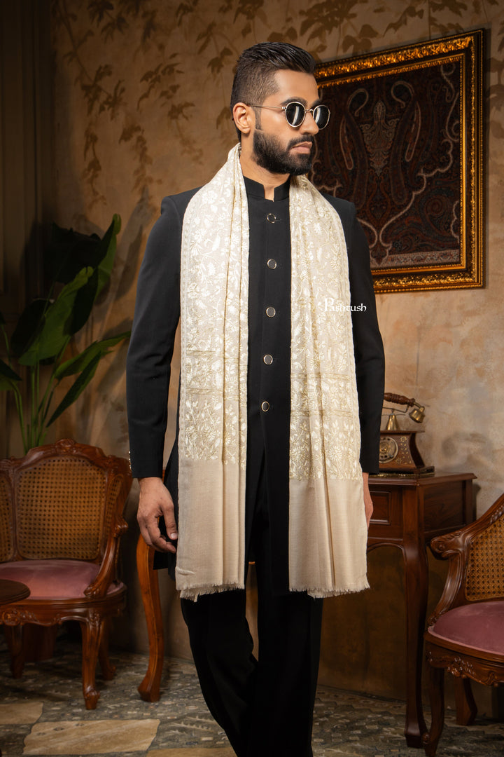 Pashtush India Mens Scarves Stoles and Mufflers Pashtush Mens Stole, Silk Wool with Intricate Kashmiri Embroidery, Tone on Tone, Ivory
